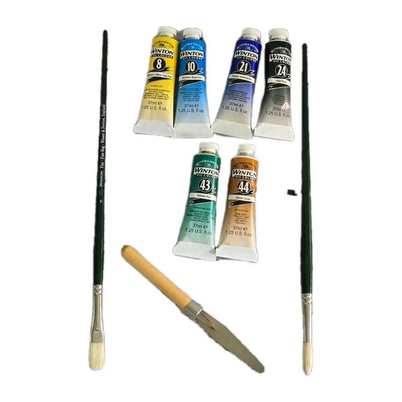 Vintage Lots of 6 Winsor & Newton Artist Oil Paints Smear Tool Incl 2 #6 Brushs - Picture 1 of 10